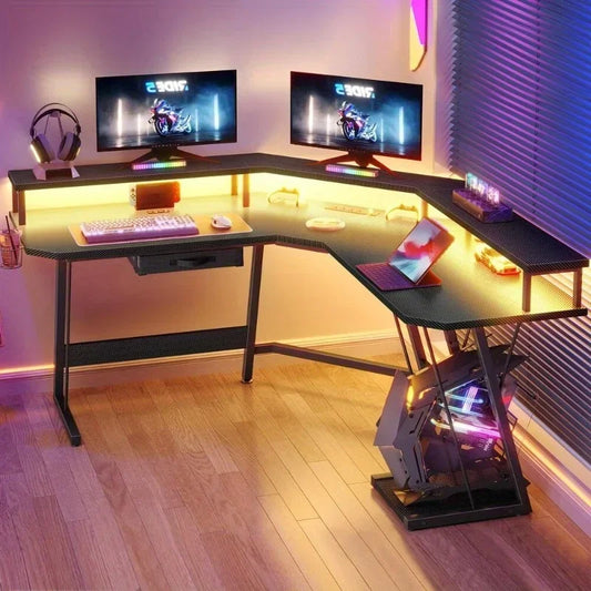 Gaming Corner Desk – L-Shaped Computer Desk with RGB LED Lights & Built-In Power Outlets