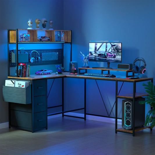 67" L-Shaped Gaming Desk – Brown Computer Desk with Built-In Power Outlet